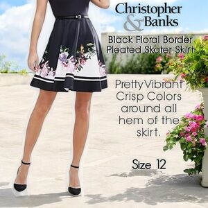 Christopher & Banks Black Floral Border Pleated Skater Skirt
